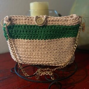 Handcrafted Green and Cream Crochet Bag